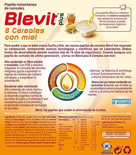 Blevit Plus 8 Cereales Miel - Papilla para Bebé con Harina de Avena y Harina de Trigo - Sin Azúcares Añadidos - Ayuda a regular el tránsito intestinal - Desde los 5 meses - 600g