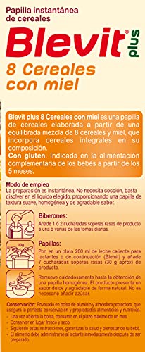 Blevit Plus 8 Cereales Miel - Papilla para Bebé con Harina de Avena y Harina de Trigo - Sin Azúcares Añadidos - Ayuda a regular el tránsito intestinal - Desde los 5 meses - 600g