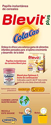 Blevit Plus ColaCao - Papilla de Cereales para Bebé con Calcio, Hierro y 13 vitaminas - Sabor Cola Cao - Desde los 12 meses - 600g