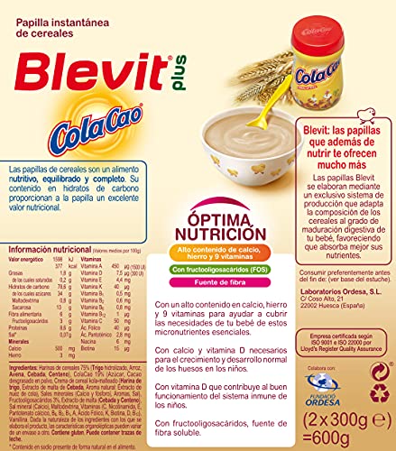 Blevit Plus ColaCao - Papilla de Cereales para Bebé con Calcio, Hierro y 13 vitaminas - Sabor Cola Cao - Desde los 12 meses - 600g