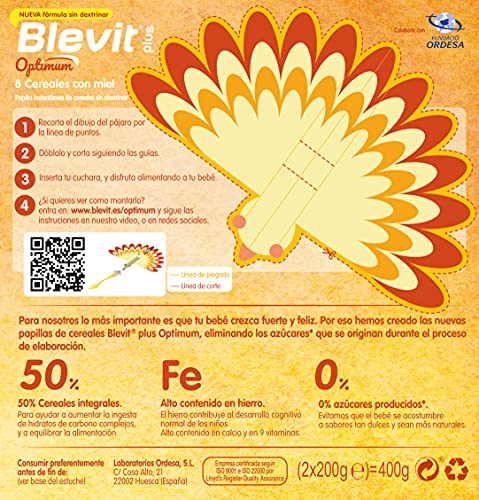 Blevit Plus Optimum 8 Cereales con Miel - Papilla de Cereales para Bebé con 50% de Cereales Integrales - Únicas Papillas para Bebé Sin Dextrinar - Desde los 6 meses - 400g