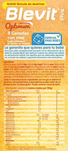 Blevit Plus Optimum 8 Cereales con Miel - Papilla de Cereales para Bebé con 50% de Cereales Integrales - Únicas Papillas para Bebé Sin Dextrinar - Desde los 6 meses - 400g