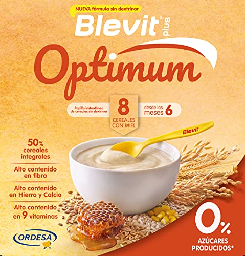 Blevit Plus Optimum 8 Cereales con Miel - Papilla de Cereales para Bebé con 50% de Cereales Integrales - Únicas Papillas para Bebé Sin Dextrinar - Desde los 6 meses - 400g