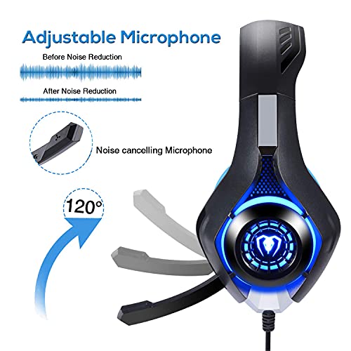 BlueFire Cascos Gaming PS4, Auriculares Gaming con Micrófono Headset Mac Estéreo Juego Gaming Jack 3,5mm LED Bajo Ruido Compatible con PC/Xbox One/Móvil/etc (Azul)