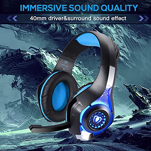 BlueFire Cascos Gaming PS4, Auriculares Gaming con Micrófono Headset Mac Estéreo Juego Gaming Jack 3,5mm LED Bajo Ruido Compatible con PC/Xbox One/Móvil/etc (Azul)