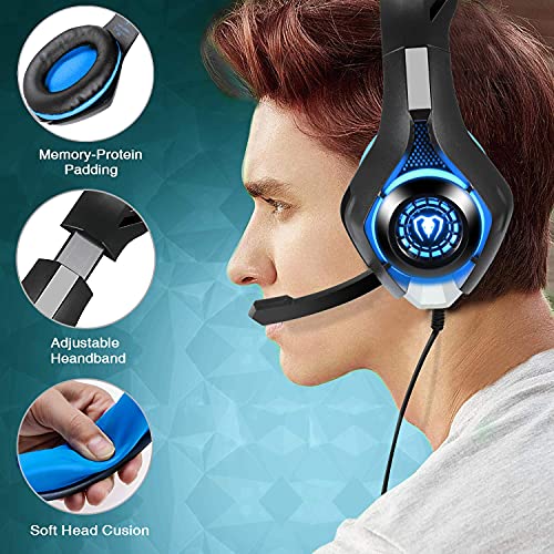 BlueFire Cascos Gaming PS4, Auriculares Gaming con Micrófono Headset Mac Estéreo Juego Gaming Jack 3,5mm LED Bajo Ruido Compatible con PC/Xbox One/Móvil/etc (Azul)