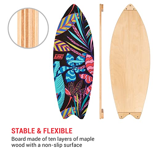 BoarderKING Indoorboard Wave - Tabla de equilibrio, Forma tabla de surf, Madera arce, Recubierto plástico, Esterilla y rodillos de corcho, Topes desmontables, Dimensiones 32 x 5 x 88 cm, Flores