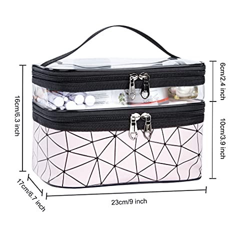 Bolsa de Maquillaje de Viaje Portátil Bolsa de Cosméticos Neceser con Cremallera, Impermeable Doble Capa Organizador de Artículos de Tocador para Mujer y Niñas, Rosado