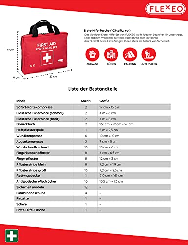 Bolsa de primeros auxilios con compresas frías instantáneas, manta de rescate y surtido de esparadrapos (103 piezas, rojo)