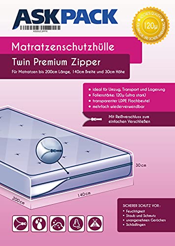 Bolsa para colchón mejorada con cremallera de 120 micras de grosor para mudanzas y almacenamiento a largo plazo – Gemelo / Twin - Resistente al desgarro e impermeable – EXTREM HEAVY DUTY