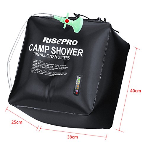 Bolsa solar de ducha, Risepro® 10 galones/40 l. Bolsa de ducha con calefacción solar para acampar con agua caliente a temperatura 45 °C, para senderismo, escalada XH07