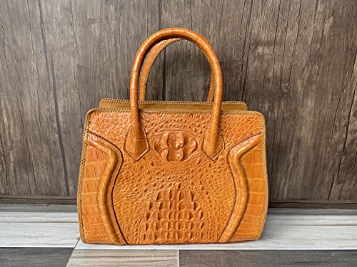 Bolso de cuero de cocodrilo genuino naranja, bolsos hechos a mano, bolsos de hombro, bolso casual para llevar todos los días