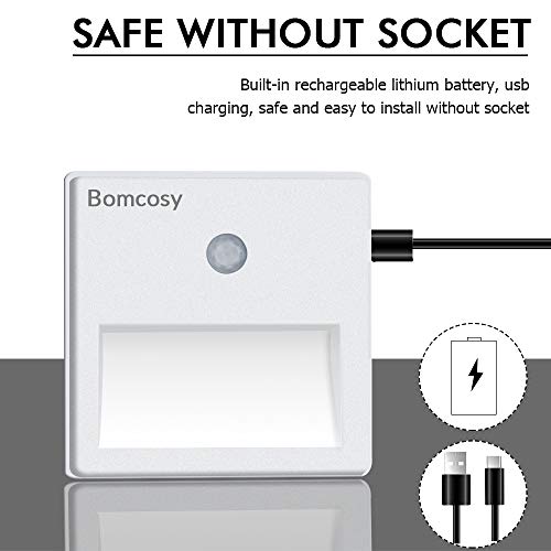 Bomcosy Luz Nocturna LED con Sensor Movimiento sin Cable Encendido/Apagado/Auto Lámpara de Noche USB Recargable Blanco Cálido 3000k para Dormitorio Habitación Garaje Baño Cocina Pasillo 3 Piezas