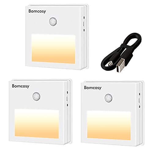 Bomcosy Luz Nocturna LED con Sensor Movimiento sin Cable Encendido/Apagado/Auto Lámpara de Noche USB Recargable Blanco Cálido 3000k para Dormitorio Habitación Garaje Baño Cocina Pasillo 3 Piezas