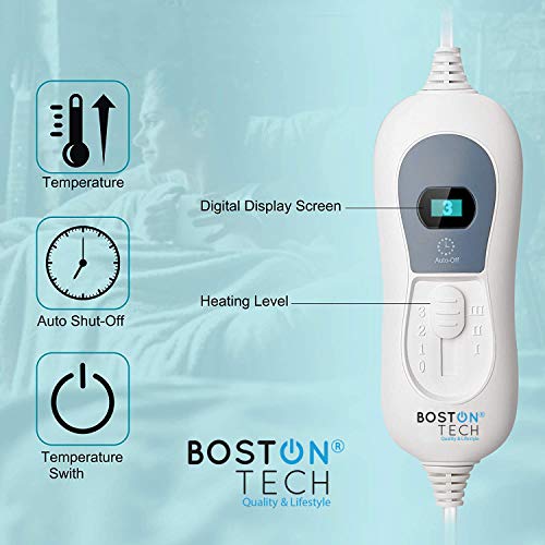 Boston Tech WE117 Almohadilla Eléctrica Termica para Espalda y Hombros 60x90cm, Calentamiento Rápido con 3 Niveles de Temperatura, 90 minutos apagado automático Protección contra Sobrecalentamiento