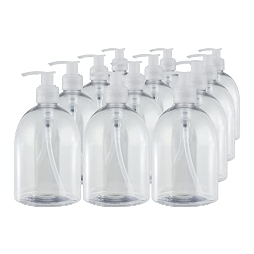 Bote dispensador de Gel rellenable 500 ml. Frasco dosificador hermético de plástico Pet Transparente para jabón, champú, lociones, hidroalcohol. (12 Unidades).