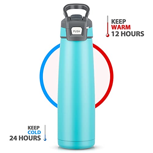 Botella de Agua Aislada Portátil de 750 ml, Botella de Agua Térmica Deportiva de Acero Inoxidable, Frasco de Agua con Pajita Inclinable para Escuela, Aire libre, Yoga, Gimnasio (Verde Azul)