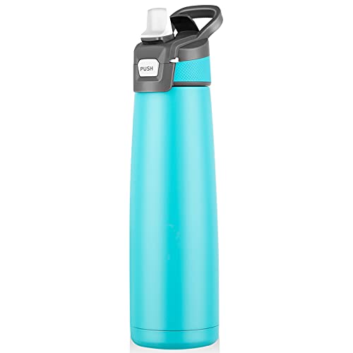 Botella de Agua Aislada Portátil de 750 ml, Botella de Agua Térmica Deportiva de Acero Inoxidable, Frasco de Agua con Pajita Inclinable para Escuela, Aire libre, Yoga, Gimnasio (Verde Azul)