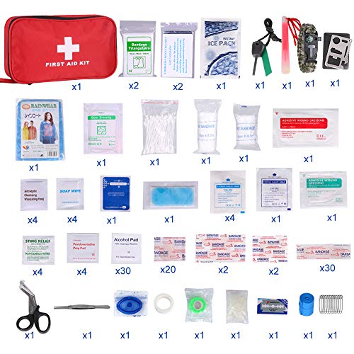 Botiquín de Primeros Auxilios de 200 Piezas,con Hielo, Manta de Emergencia,Máscara de RCP, Survival Tools Kit Bolsa Médica Emergencias para Coche, Hogar, Camping, Caza, Viajes, Aire Libre o Deportes