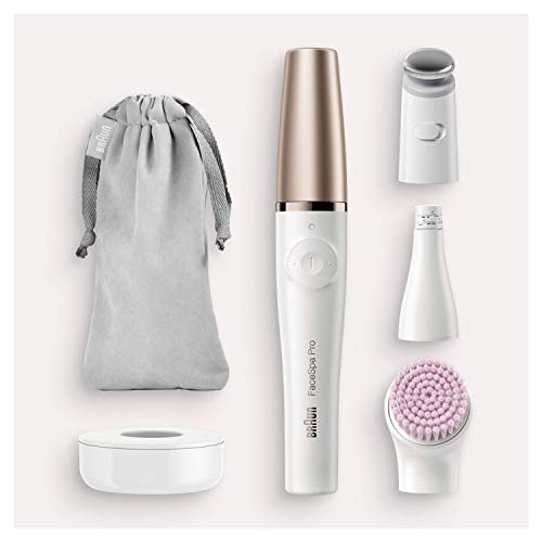 Braun FaceSpa Pro Depiladora Facial Mujer Todo en 1 con Cepillo de Limpieza, Base de Carga, Inalámbrica, SE 912, Blanco/Bronce