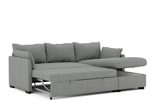 BUDWING Orlando Hogar Sofá Cama 3 Plazas Chaise Longue Esquinero Reversible Izquierda o Derecha con Arcón Tapizado Tela Gris Sofá de Salon Decoración de Hogar Cojines y Tapicería 221 x 162 x 90