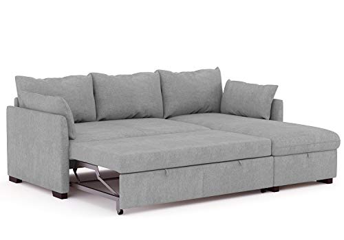 BUDWING Orlando Hogar Sofá Cama 3 Plazas Chaise Longue Esquinero Reversible Izquierda o Derecha con Arcón Tapizado Tela Gris Sofá de Salon Decoración de Hogar Cojines y Tapicería 221 x 162 x 90