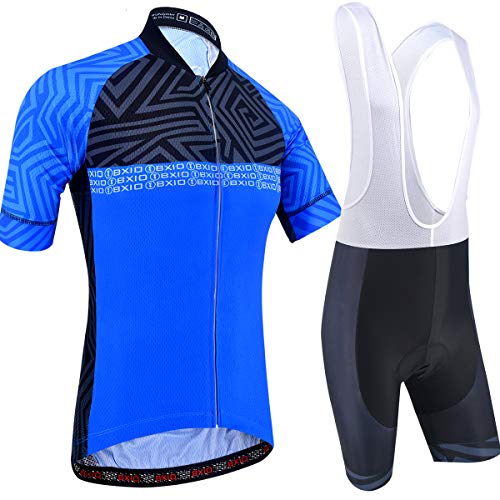 BXIO Completo Ciclismo Estivo Manica Corta, Maglia Ciclismo Uomo con Cerniera Completa e Salopette conImbottitura in Gel, BLU (207, Salopette), 5XL