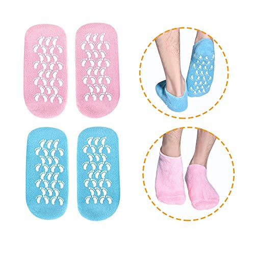 Calcetines hidratantes, 2 pares Medias de gel Calcetines suaves de gel hidratante, Medias de gel de spa Para reparar y suavizar pieles de pies agrietados secos, Noche de día Care Skin(AZUL y ROSA)