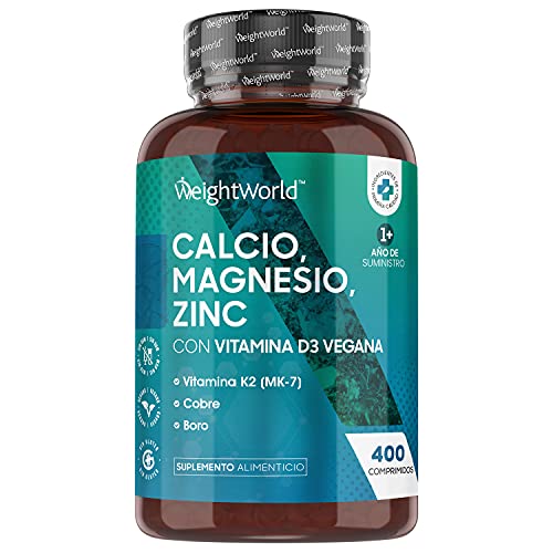 Calcio, Magnesio, Zinc y Vitamina D3 Vegana Dosis Alta 400 Comprimidos, para más de 1 Año - Suplemento de Calcio de Alta Absorción, Enriquecido con Selenio, Vitamina k2, Manganeso, Boro y Cobre