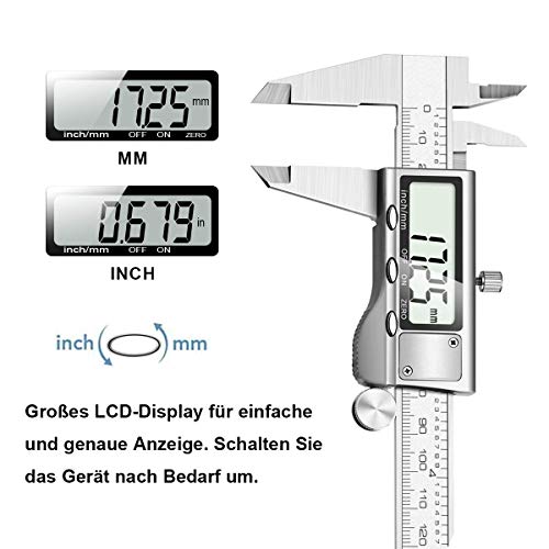 Calibre Digital, Orthand Pie de Rey 150mm Acero Inoxidable con Alto Precisión 0.01mm/0.0005 inch, Calibrador con Gran Pantalla LCD Para Medición de Diámetro Interior/Exterior, Profundidad y Escalera