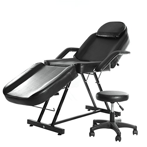 Cama de Masaje,Sillón Cama Plegable,Camilla Profesional para Tratamiento de Multiusos de Belleza,Estetica,Fisioterapia,Tatuajes,Ortopedia,Acupuntura,Depilación con Taburete (Soporte 150kg) (Negro)