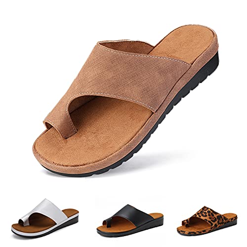 Camfosy Chanclas para mujer, para verano, planas, cómodas, para el aire libre, playa, verano, antideslizantes, chanclas para el tiempo libre, color negro, leopardo, plata, caqui, 38 EU