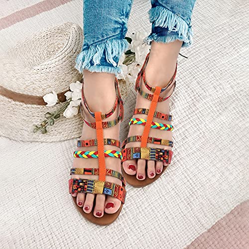 Camfosy Sandalias para Mujer, Summer Beach Sandalias Planas Abierta Boho para Mujer Chanclas Romanas de Mujer Cómodas con Correa en el Tobillo Chanclas para Vacaciones, Caminar Azul