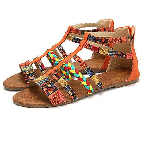 Camfosy Sandalias para Mujer, Summer Beach Sandalias Planas Abierta Boho para Mujer Chanclas Romanas de Mujer Cómodas con Correa en el Tobillo Chanclas para Vacaciones, Caminar Azul