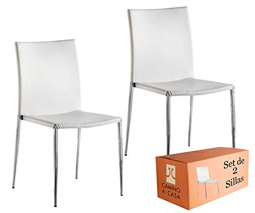 Camino a Casa® | Set x2 Sillas Comedor, sillas Cocina, Silla Yoli Blanca, Tela de Piel sintética, Espuma de Eliocel en Asiento y Respaldo con Densidad de 30Kg, Estructura Hierro Cromado y DM