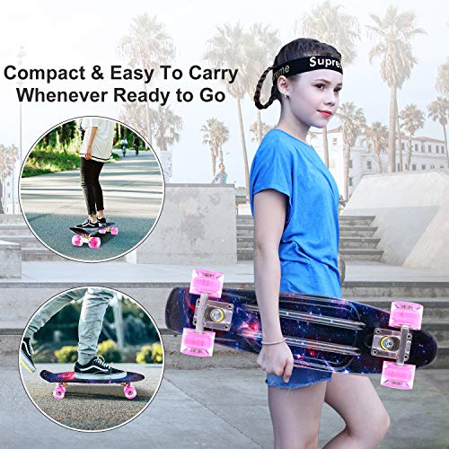 Caroma Skateboard Completo para Niños Niñas, 22 Pulgadas Retro Mini Cruiser Skateboard con Led Light Up Ruedas para Adulto Adolescente