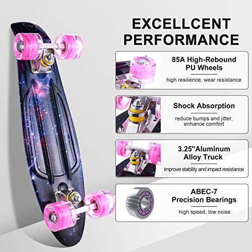 Caroma Skateboard Completo para Niños Niñas, 22 Pulgadas Retro Mini Cruiser Skateboard con Led Light Up Ruedas para Adulto Adolescente