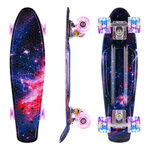 Caroma Skateboard Completo para Niños Niñas, 22 Pulgadas Retro Mini Cruiser Skateboard con Led Light Up Ruedas para Adulto Adolescente