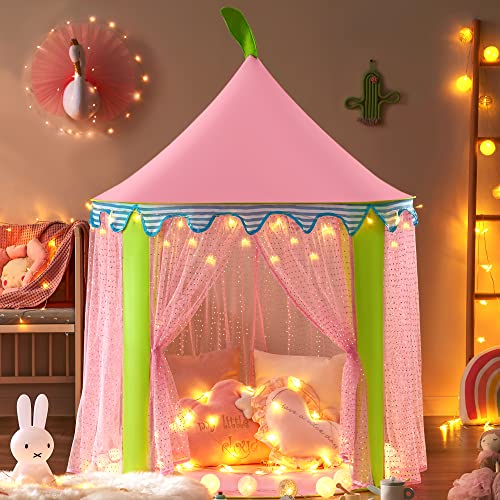 Carpa para niños + Luces de una Estrella Castillo de Princesa para niñas- Glitter Castle Pop Up Play Carpa Tote Bag - Niños Playhouse Toy para Juegos de Interior y Exterior 41 "X 55" (DxH)