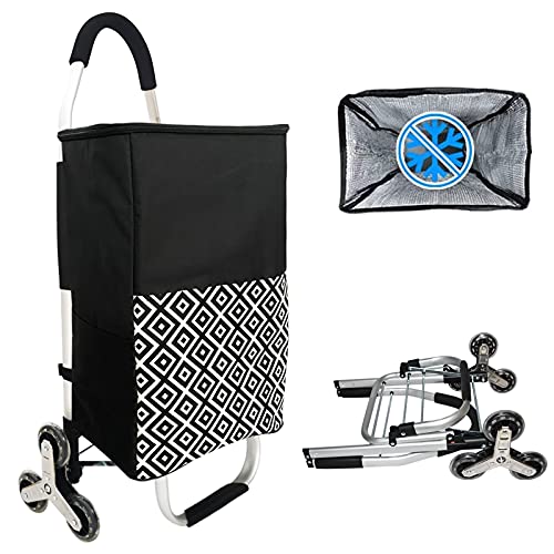 Carrito De Compras Plegable Con Ruedas&Bolsa De Compras Reutilizable Aislada - Carrito De Servicio De Elevación De Escaleras - Carrito Liviano E Impermeable (Blanco&Negro)