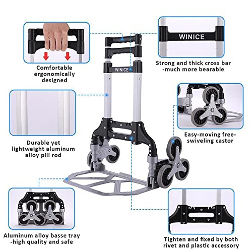 Carro para subir escaleras, carro plegable portátil, carro de 75 kg de capacidad, carro de mano para subir escaleras todo terreno con cordón elástico, resistente con 6 ruedas