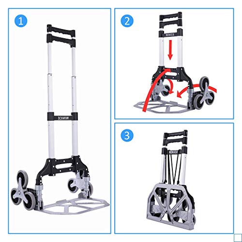 Carro para subir escaleras, carro plegable portátil, carro de 75 kg de capacidad, carro de mano para subir escaleras todo terreno con cordón elástico, resistente con 6 ruedas