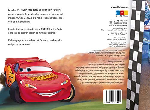 Cars - libro juego para trabajar la atención / Editorial GEU/ A partir de 6 años / Mejora la falta de atención / Trabaja mediante piezas puzle (Niños de 3 a 6 años)