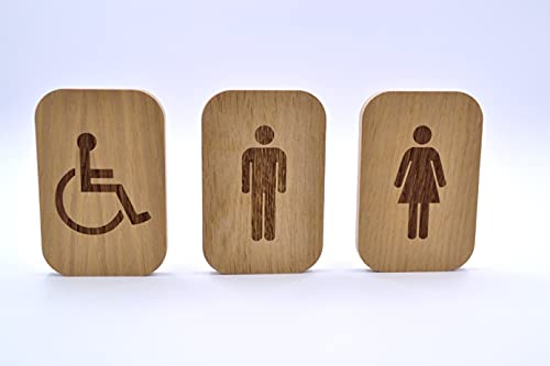 Cartel para baño – hombre, mujer, discapacitado – 120 x 80 mm – adhesivo para puerta wc en madera – placa para aseo grabada – señal lavabo (Conjunto (hombre+mujer+minusvalido))