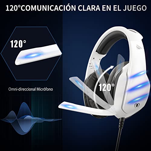 Cascos Gaming con Orejeras Grandes, Efectos de Sonido 3D, Micrófono de Educción Ruido LED, Auricular Gaming Compatible con PS4, PS5, Xbox, PC, Switch