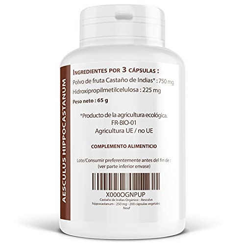 Castaño de Indias Orgánico - Aesculus hippocastanum - 250 mg - 200 cápsulas vegetales