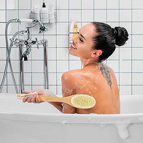 Cepillo de ducha de doble cara, Cepillo de baño, Cepillo ducha para espalda totalmente natural, Cepillo exfoliante corporal de madera con mango largo de 42 cm, cepillo espalda ducha