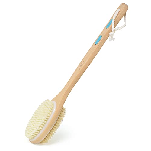 Cepillo de ducha de doble cara, Cepillo de baño, Cepillo ducha para espalda totalmente natural, Cepillo exfoliante corporal de madera con mango largo de 42 cm, cepillo espalda ducha