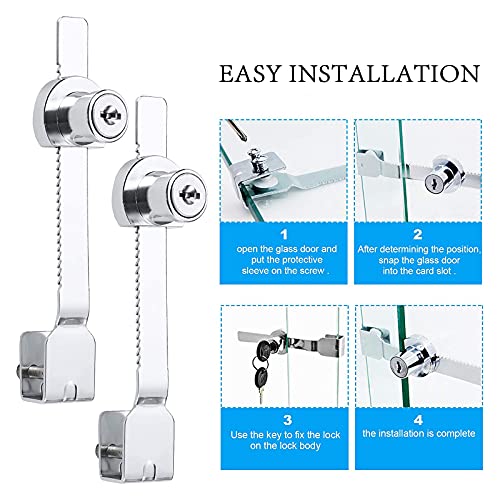 Cerradura Correderas Puertas Cristal, 4 Piezas Cerradura Vitrina Cristal Bloqueos de Escaparate Puerta de Vidrio para Librerías, Vitrinas, Armarios de Almacenamiento, Etc (Una Cerradura y Dos Llaves)