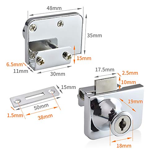 Cerradura de Puerta del Vidrio, Cerradura de seguridad para puerta de cristal de Doble o individual apertura para gabinete, apto para puertas de cristal de 5-8 mm, llave separada sin perforación